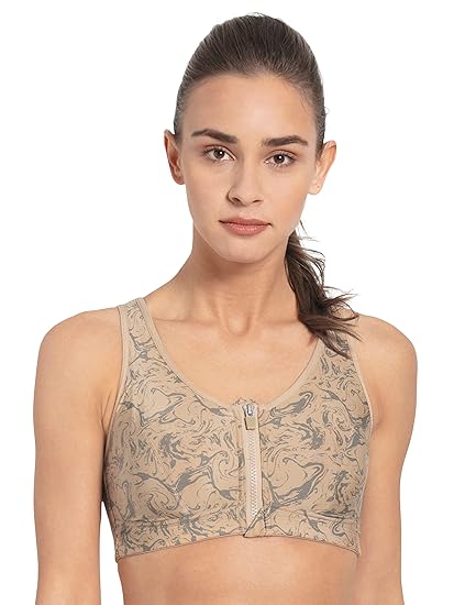 Jockey MI02 Women’s Wirefree Padded Sports Bra – Full Coverage Printed Racerback with Front Zipper